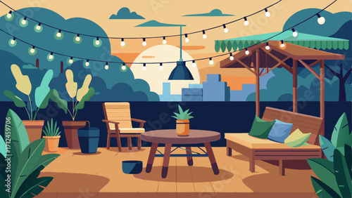 A cozy outdoor patio with a mix of metal and wooden furniture string lights and potted plants perfect for entertaining guests.