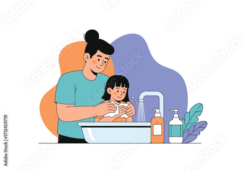 A father gently bathes his daughter in a sink. The illustration features abstract shapes in orange and blue as well as green plant leaves. The scene is clean and bright.