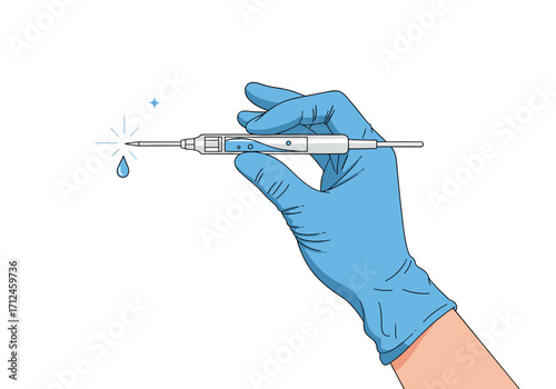 Dental syringe with blue glove holding a medical device.