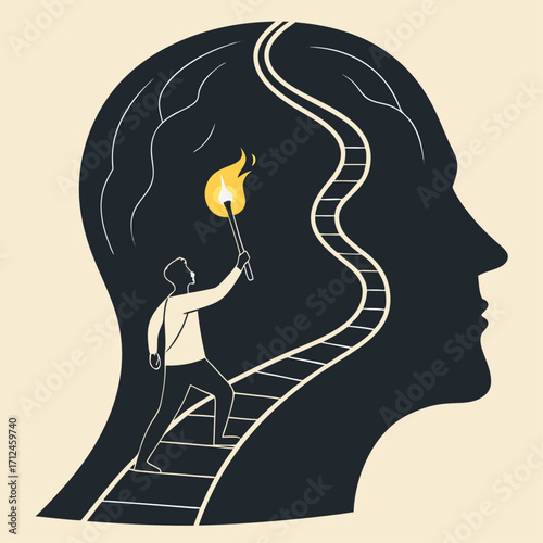 The journey of self-discovery, A man with a torch exploring a path inside his mind, Vector illustration - Generative AI
