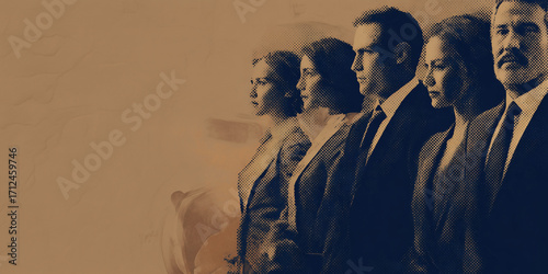 Male and female attorneys on a halftone modern abstract background. Law firm, lawyer, legal graphic for personal injury, medical malpractice or defense law firm website