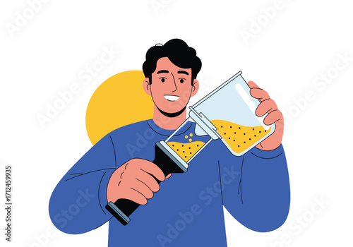 A man pouring yellow liquid into an hourglass.