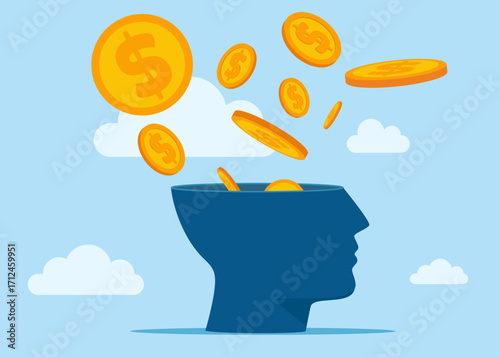 Open head to see Golden Coins. Savings, Collecting Dollar Money in Account, Open Bank Deposit. World economic vision for business, technology or investment. Vector illustration