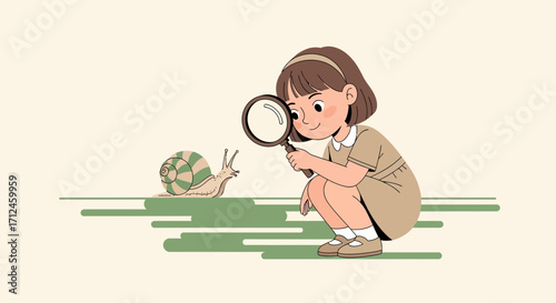 Curious Girl Investigates Snail With Magnifying Glass In Soft Pastel Tones