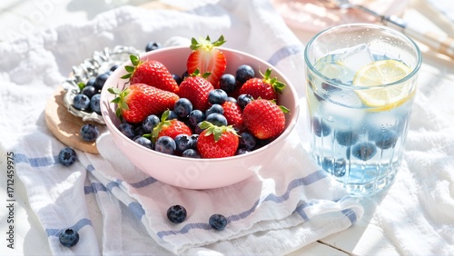 Summertime Still Life: Refreshing Fruits in a Pink Bowl and Iced Lemon Water on a Sunny Table.