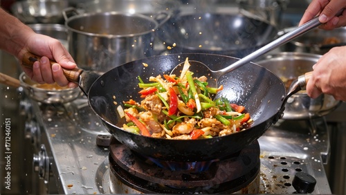Stir-fry Sizzle: A Culinary Symphony of Fresh Vegetables and Tender Meat being Masterfully Cooked in a Wok by Experienced Chefs.
