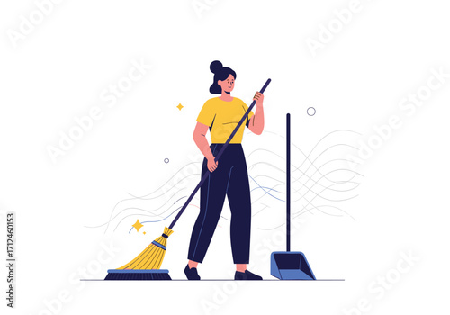 A woman sweeps the floor to clean her house.