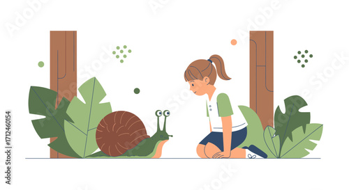 Curious Girl Observing Snail's Journey In Botanical Arrangement with Leaves And Wooden Form