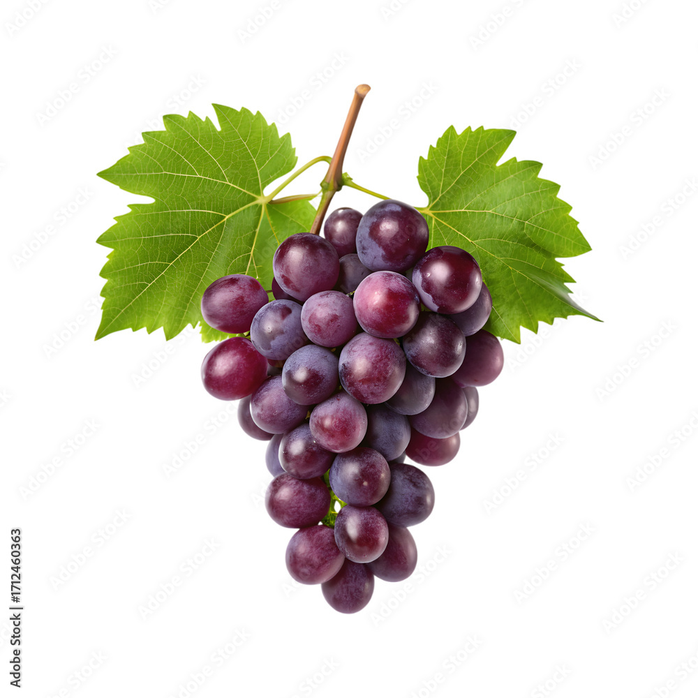 Naklejka premium Fresh red grapes bunch with green leaves isolated on transparent background.