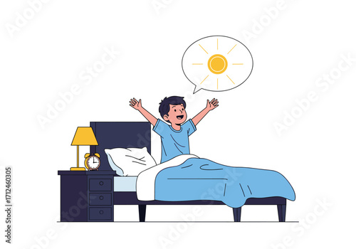 A young person waking up happily in bed in the morning light.