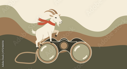 Curious Goat Gazing Through Binoculars Amidst Scenic Wavy Landscapes for Observation