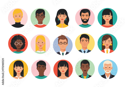 Diverse group of people portraits in a colorful circular avatar style.
