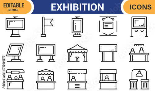 Exhibition icon set in editable stroke style for commerce, trade, and events