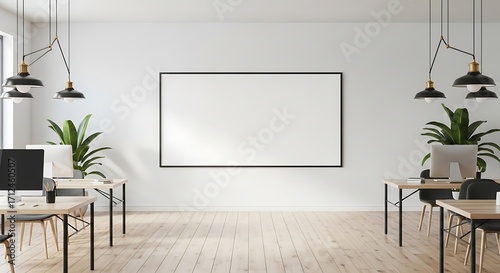 Empty modern office features a blank whiteboard surrounded by desks and plants, bathed in natural light, creating a clean and professional workspace.