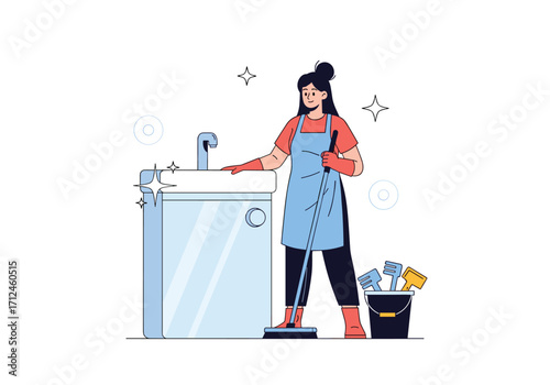 A woman in an apron cleans a sink with a brush.