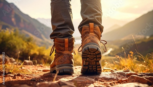Low Angle View of Person Hiking in Brown Boots on Mountain Trail at Sunset