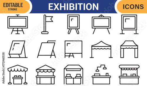 Vector line icons of exhibition boards, banners, tents, and display frames