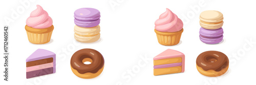 Collection of colorful sweet desserts and pastries including cupcakes macarons donuts and cake slices on white background