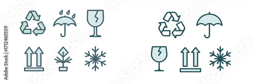 Collection of simple icons representing recycling, fragile items, and seasonal symbols displayed on a clean background