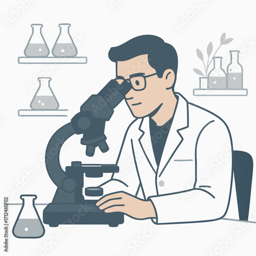 A focused male scientist with glasses and a white lab coat using a microscope.