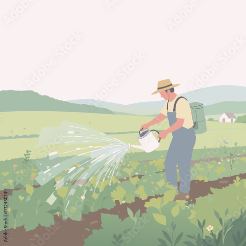 A farmer in a straw hat and overalls watering crops from a white watering can in a field.