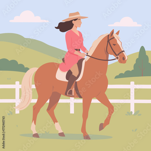 A stylish woman with dark hair in a pink dress and hat riding a chestnut horse.