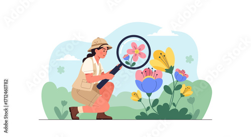 Botanist Examining Flora, Illustration of Discovery with Magnifying Glass