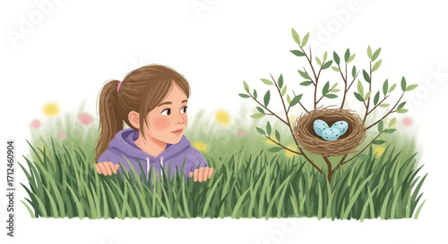 Curious Girl Watching Nest In Nature, Beautiful Illustration Of Natural Habitat And Growth