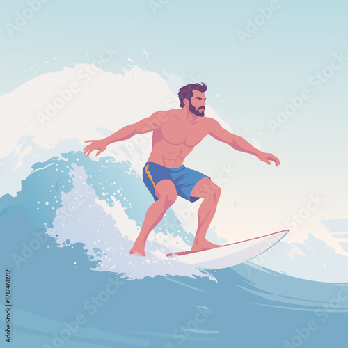 Athletic bearded man with a muscular torso surfing a wave in blue swim trunks.