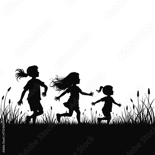 Three children silhouettes running through grass field