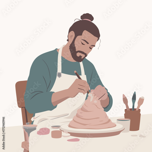 Bearded artist meticulously sculpting a clay masterpiece with focused intensity.