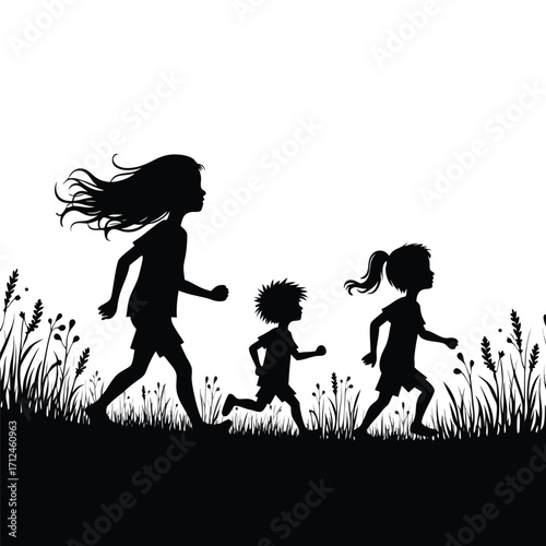Three children silhouettes running through grass field