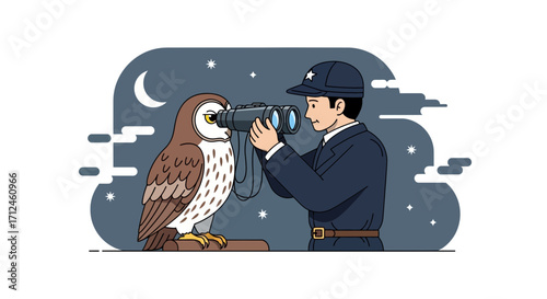 Curious Investigator Explores Owl's Gaze Under Celestial Skies, Illustrated Artwork Displayed