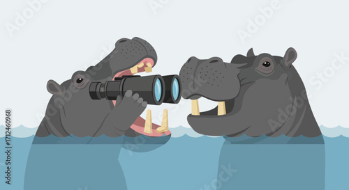 Curious Hippos Staring Through Binoculars, Observing The Unknown In The Water