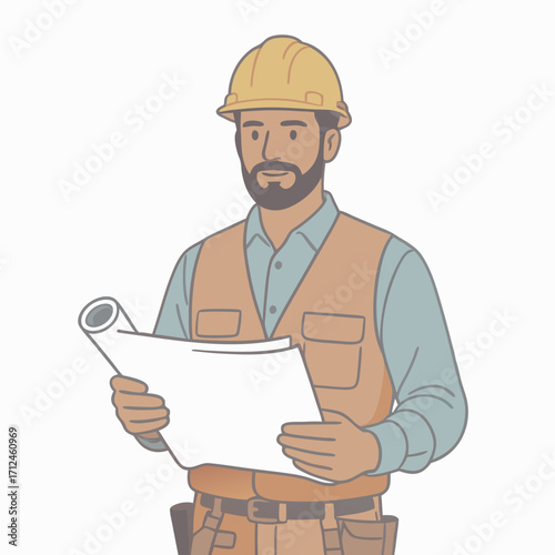Bearded male construction worker illustration in yellow hard hat and utility vest holding rolled blueprints.