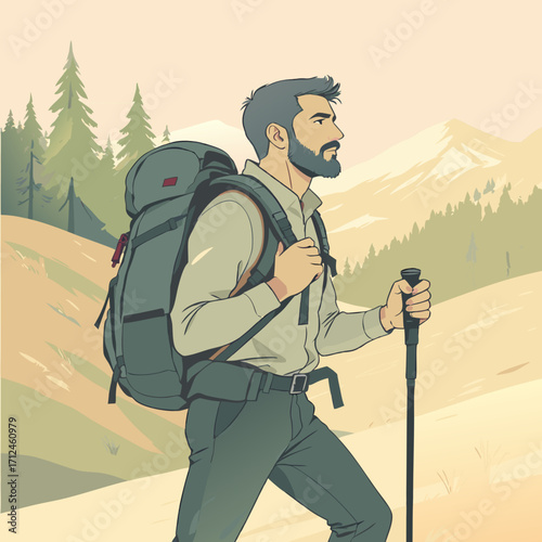 Bearded Hiker with White Hair and Backpack Holding Trekking Pole in Profile.