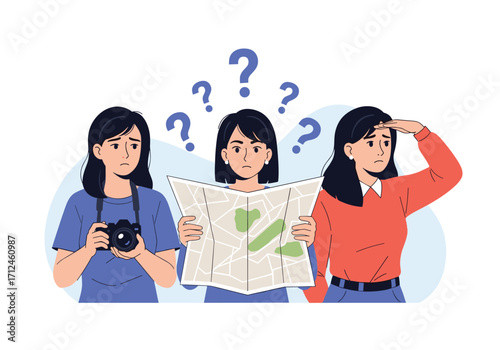 Three women looking confused while holding a map and camera.
