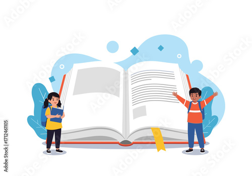 Open book with children learning and growing.