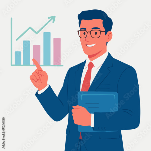 Businessman Presenting Growth Chart in Flat Style.