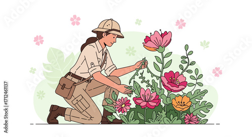 Botanist Examining Flowers in a Garden with Floral Illustrations and Botanical Details
