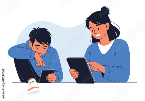 Two young people engaged with their electronic devices.