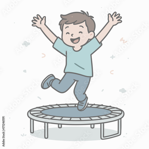 Cartoon Boy Jumping on Trampoline with Arms Raised in Joyful Expression.