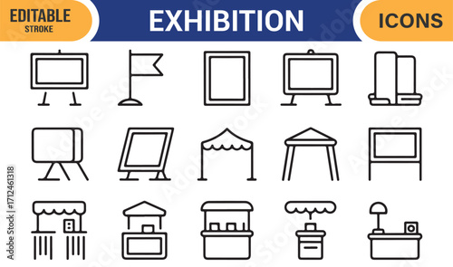 Editable exhibition icon pack featuring stands, tents, and presentation frames