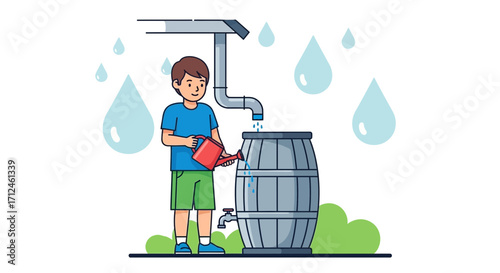Child Filling Watering Can From Rainwater Barrel Collecting Water For Gardening Purpose