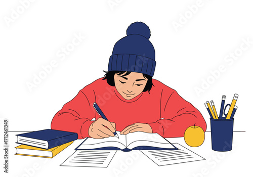 A person wearing a winter hat and sweater studying.
