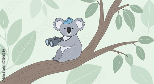 Curious Koala Holding Binoculars Perched On A Tree Branch Ready For Adventure