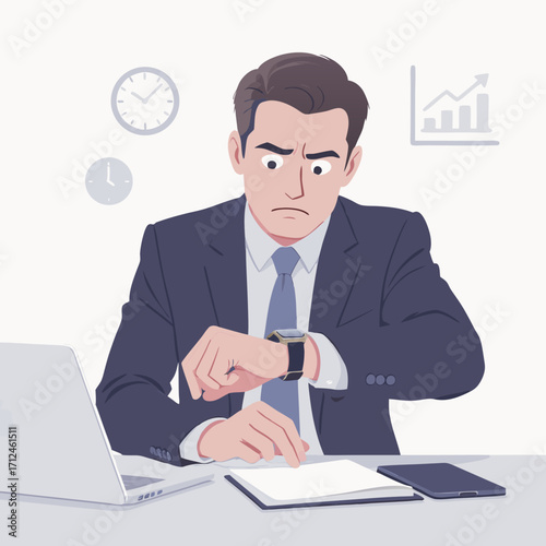 Concerned Businessman Checking Time on Watch Showing Anxiety and Stress.