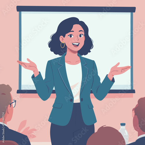 Confident Businesswoman Giving Presentation Teal Blazer Short Dark Hair Welcoming Gesture.