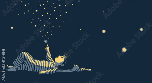 Child Gazes At The Cosmic Stars, Envisioning Dreams Underneath The Night Sky