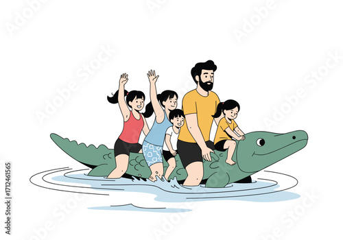 A man and children enjoying a ride on a crocodile float.